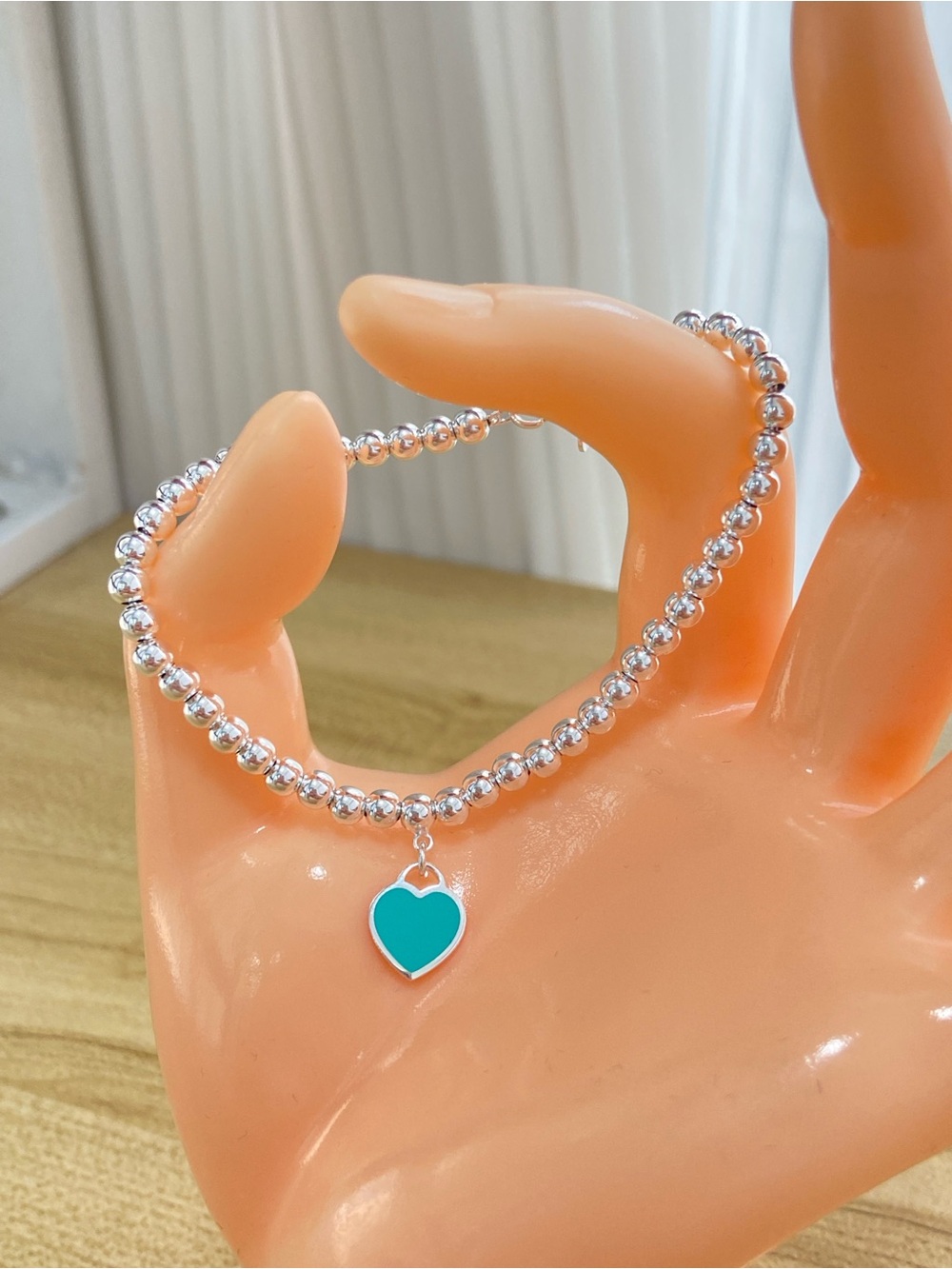 Sterling-Style Silver Beaded Bracelet with Teal Heart Charm
